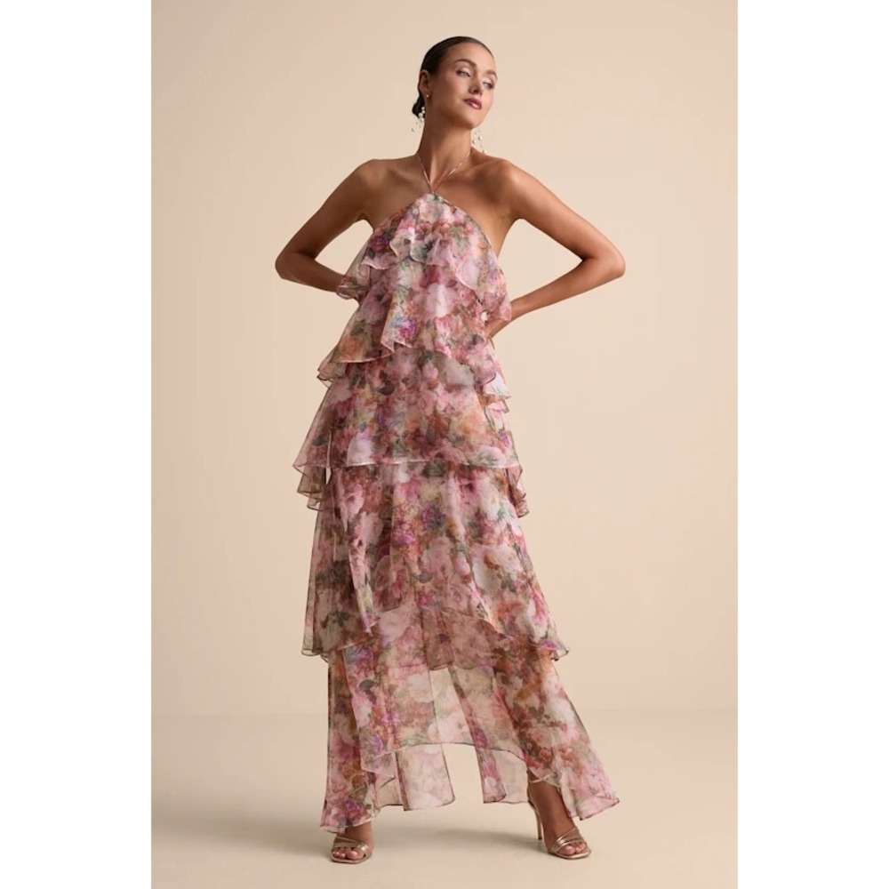 Lulus Floral Tiered Ruffle Maxi Dress Pink Orange Halter Neck XS NWT
